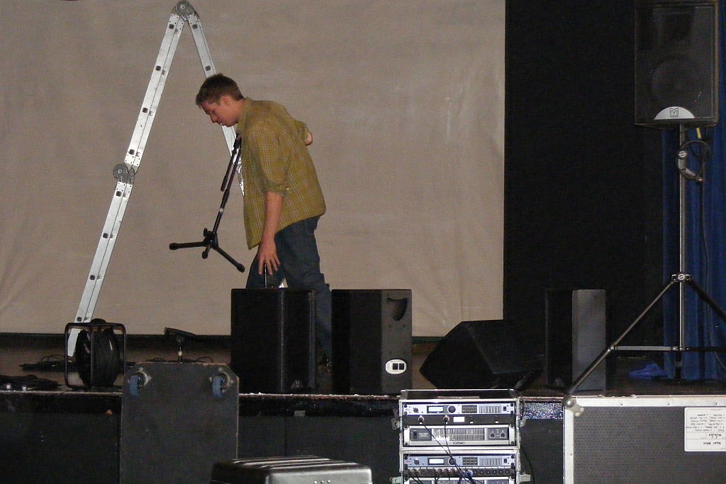 Dan, setting up the stage at Lydney Town Hall, 2007
